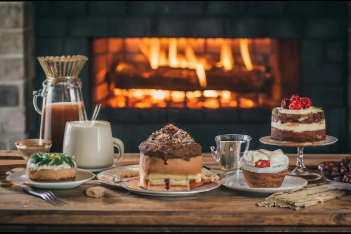 A warm, invitingkitchen scene with a display of various coffee cakes, each with a unique topping,