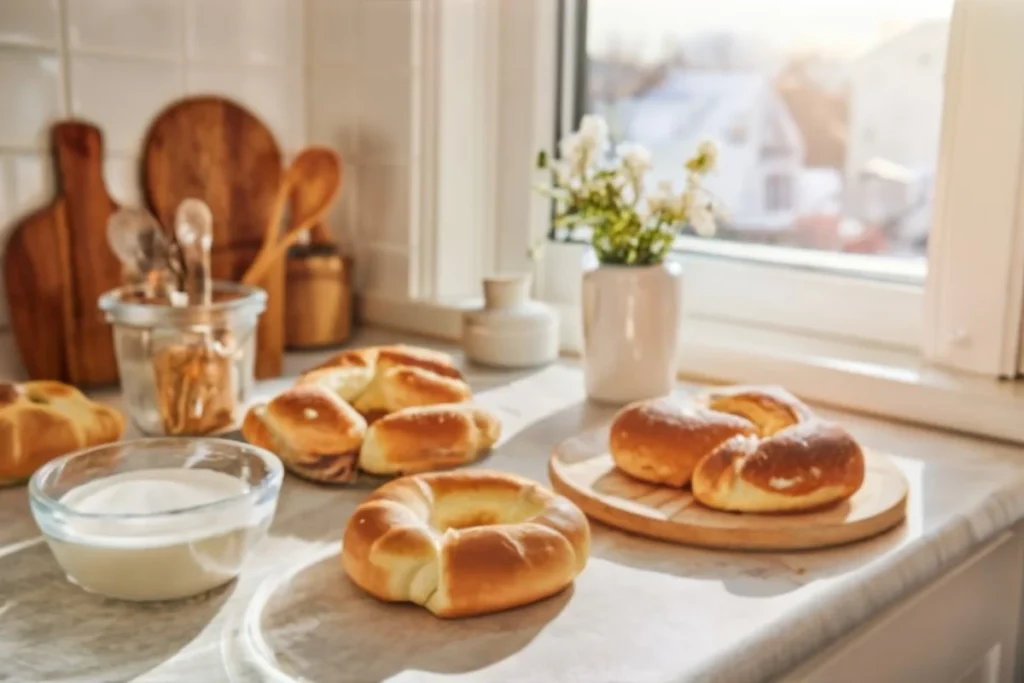 A welcoming kitchen scene with a bowl of Greek yogurt, a bag of flour, and other baking ingredients on a countertop. In the background, a warm, inviting oven and a window showing a sunny day outside.