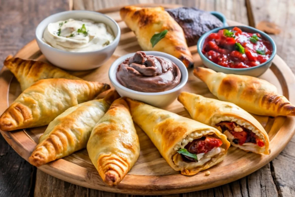 A picture of various empanadas from around the world, showcasing different fillings and styles, on wooden table