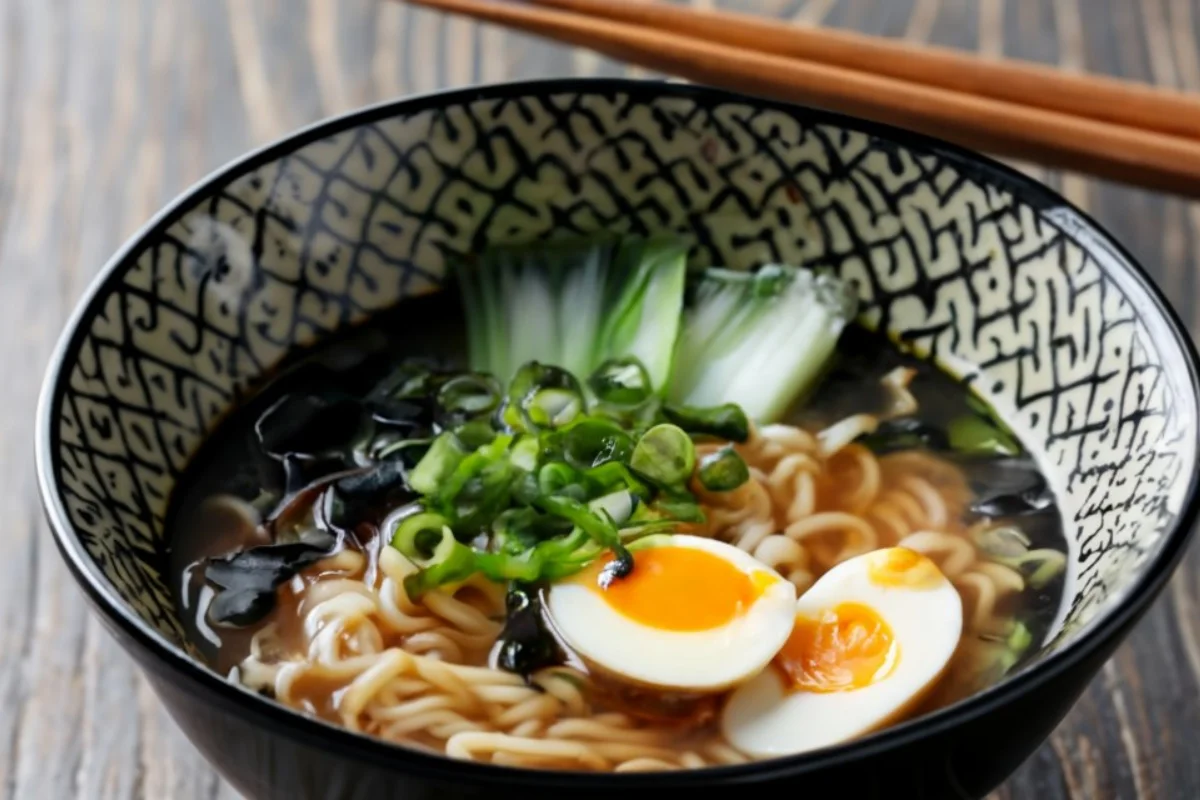 A close-up of a classic bowl of ramen, featuring steaming wheat noodles in a rich, clear broth, topped with sliced pork (chashu), green onions, and a piece of nori.