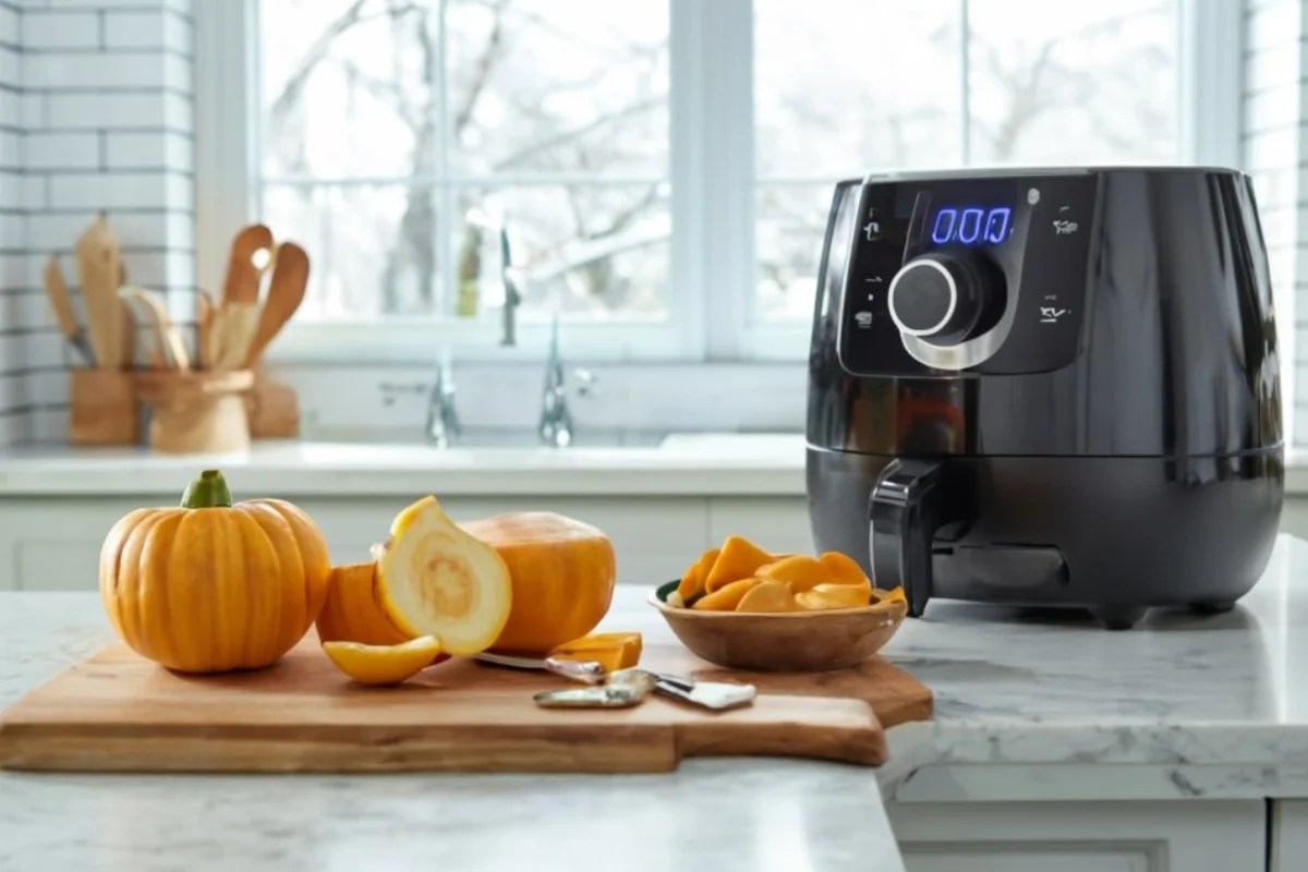 cozy kitchen, butternut squash on cutting board, air fryer on countertop, winter outside window