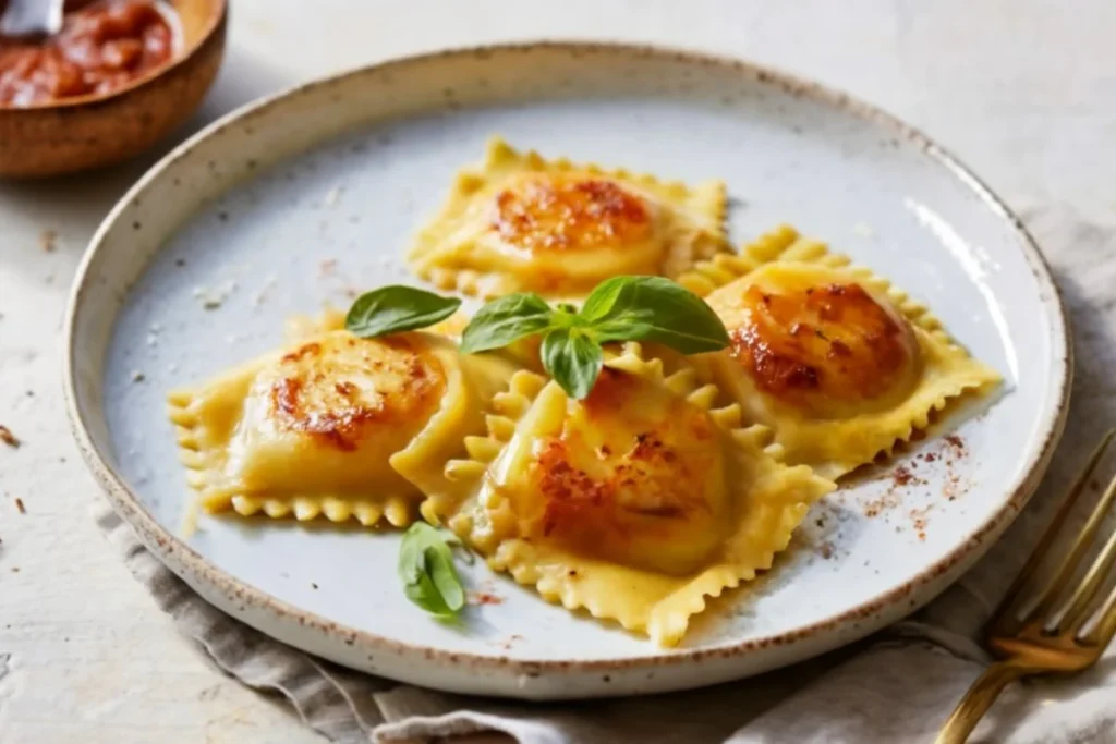 the concept of butternut squash ravioli and its significance in the article. Mention that a delicious sauce can enhance the dish