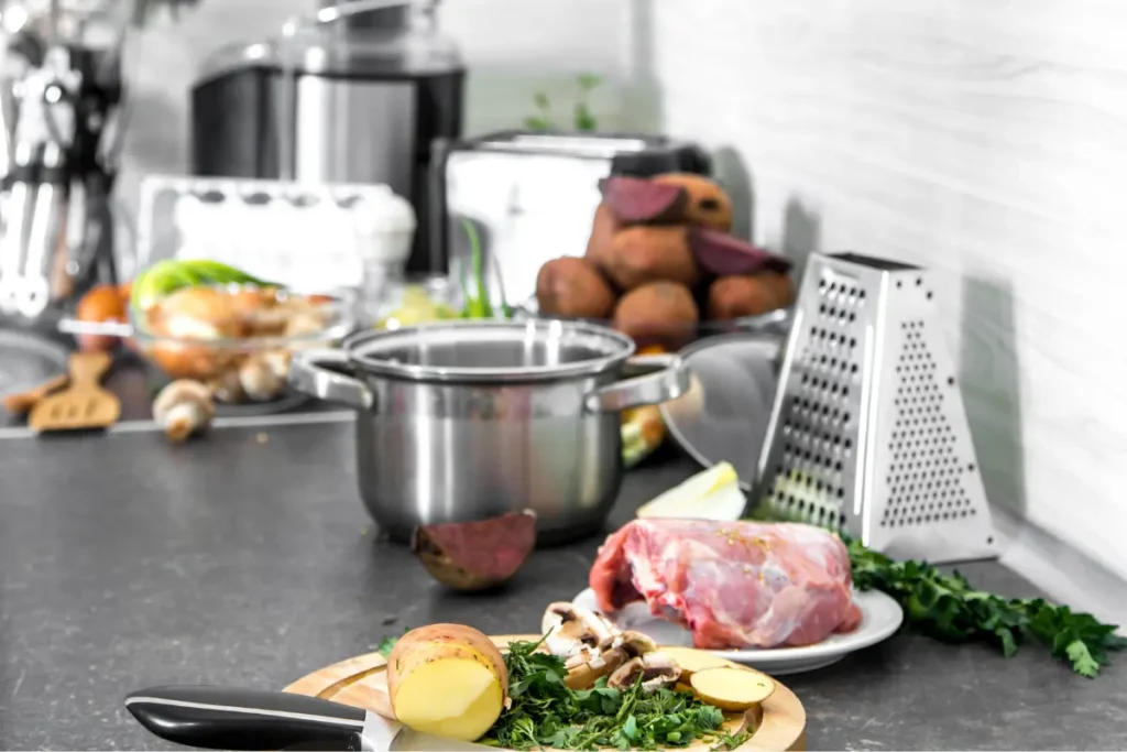 A modern kitchen scene displaying the sous vide cooking process with corned beef sealed in a sous vide bag, immersed in a water bath controlled by a precision cooker.