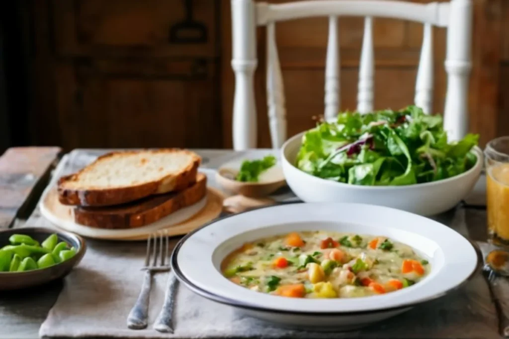 A cozy kitchen scene with a steaming bowl of vegetable rice soup on a rustic wooden table, surrounded by fresh vegetables and a vintage soup pot