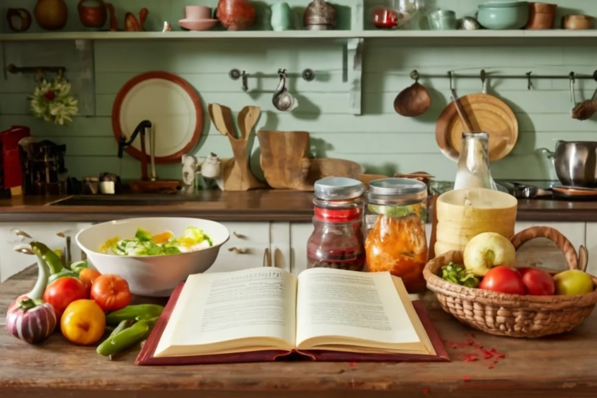 A cozy kitchen scene with a steaming bowl of vegetable soup on a rustic wooden table, surrounded by fresh vegetables and a vintage soup pot.