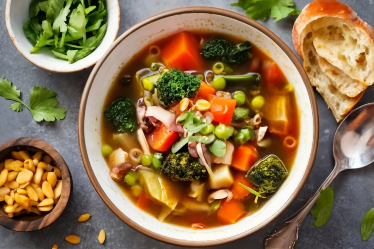 steaming bowl of rich vegetable soup, colorful vegetables, fresh herb garnish --comfort food, nutritious