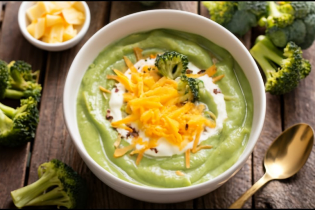 A bowl of rich and creamy broccoli cheddar soup, garnished with shredded cheddar and fresh broccoli florets, served on a rustic wooden table.