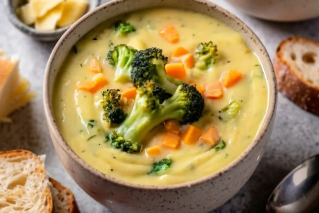 cozy bowl of Panera Broccoli Cheddar Soup with fresh broccoli and cheddar cheese garnish, warm and inviting 