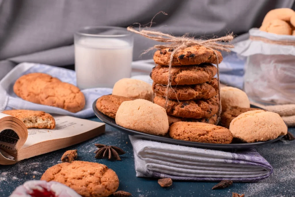 A cozy kitchen scene with a grandmother taking freshly baked cookies out of the oven. The warm, inviting atmosphere is filled with the aroma of cookies, evoking nostalgia and comfort