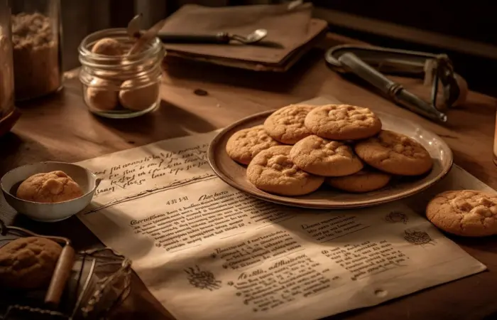 1930s vintage kitchen scene with Ruth Graves Wakefield breaking a bar of Nestlé chocolate into cookie dough, capturing a historical baking moment in warm tones