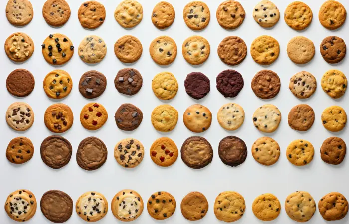 Creative display of various chocolate chip cookie variations including gluten-free, vegan, salted caramel, and peanut butter, showcasing diverse textures and flavors