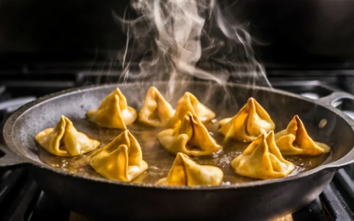 A dynamic image capturing the moment crab puffs are being fried to perfection, turning golden and crispy in a deep fryer, with steam rising and a kitchen backdrop.