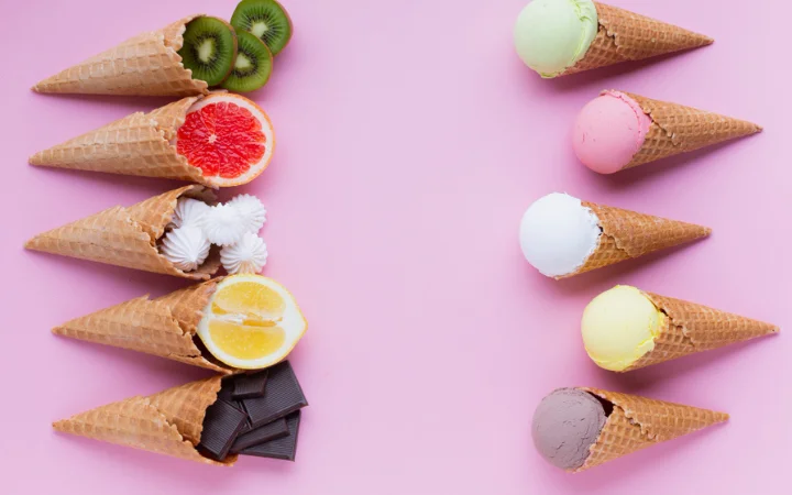 Various of ice cream flavors in cones