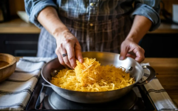 making hash brown patties in a rustic kitchen setting. Show hands grating russet potatoes into a bowl, a skillet on a stove with hash browns frying to a perfect golden crisp, and a kitchen towel nearby for drying the potatoes. The background is filled with natural light, highlighting the simplicity and warmth of home cooking