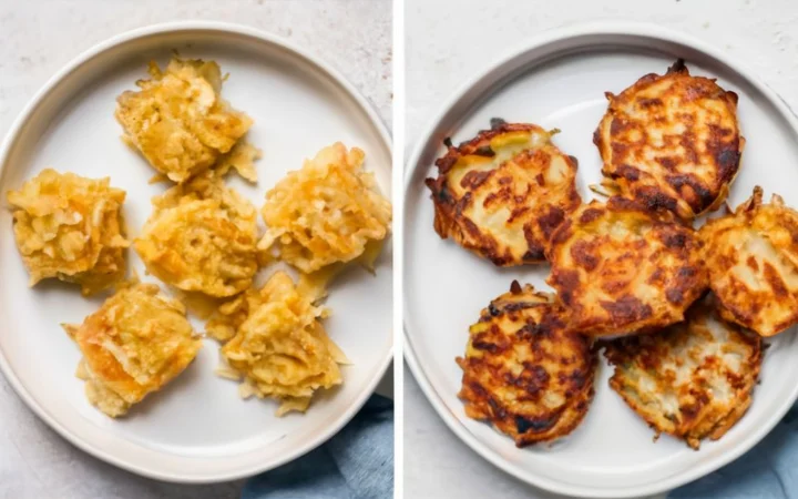 Step-by-step collage showing the preparation of air fryer hash brown patties, from grating potatoes to the final crispy product served on a plate.