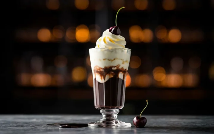 An elegant hot fudge sundae in a tall glass, layers of creamy vanilla ice cream and hot fudge sauce, crowned with whipped cream and a bright red cherry, illuminated by soft, ambient lighting.