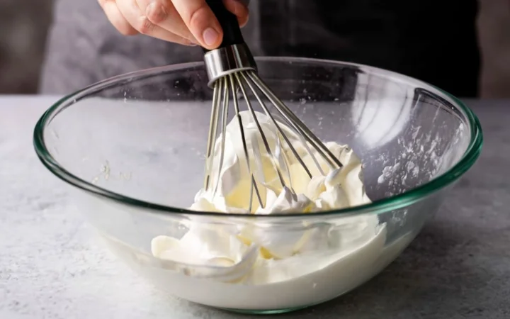 An action shot of cream being prepared, with a whisk creating soft peaks in a chilled mixing bowl.