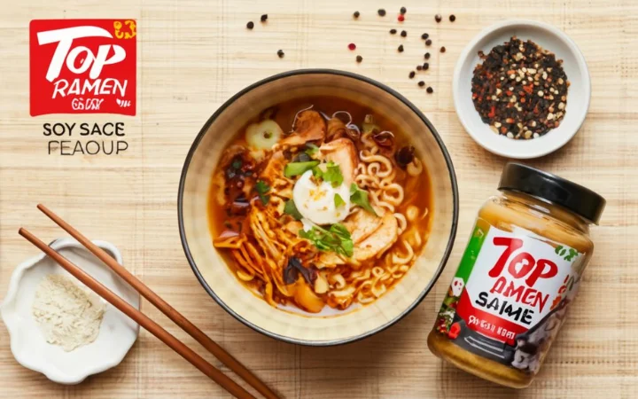 a traditional Japanese setting with a bowl of Nissin Foods Top Ramen Soy Sauce Flavor, emphasizing the gluten-free noodles and the rich, savory broth, with soy sauce and spices on the side