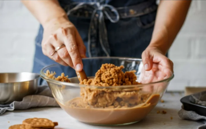 Hands in the process of mixing crushed Biscoff cookies with melted butter in a bowl, with the springform pan waiting nearby. The focus is on the texture of the crumb mixture and the action of combining the ingredients.