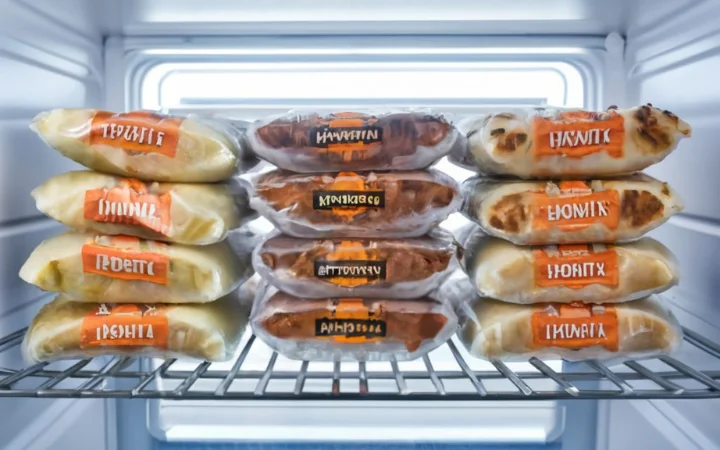  a freezer door open, revealing a neatly organized selection of frozen hash brown patties packages from various brands. Focus on the texture and quality of the patties through the transparent packaging, set against the cold, frosty ambiance of the freezer interior, with soft light accentuating the convenience of these breakfast options