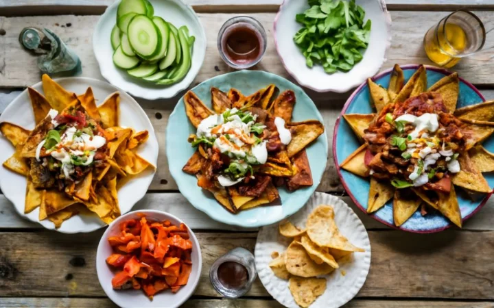 A creative, artistic display of various nacho fries variations on a long, rustic wooden table. Each plate showcases a different version: vegetarian with black beans and vegan cheese, Mediterranean with feta and olives, Southern-inspired with barbecued pulled pork, and a spicy version with extra jalapeños and hot sauce. The diversity of flavors and colors is vibrant and inviting.