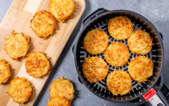 An elegantly set breakfast table with air fryer hash brown patties served on colorful plates, accompanied by sauces, dips, and a small salad, highlighting the presentation and pairing options.