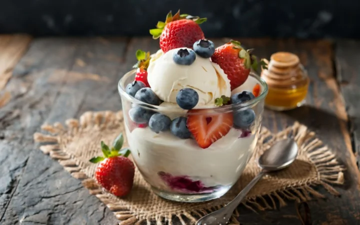 wholesome sundae, low-fat vanilla ice cream, fresh strawberries blueberries, light honey sauce, rustic wooden table