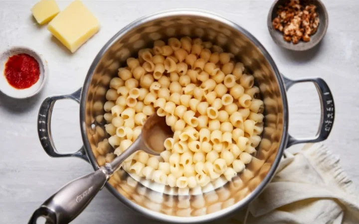 the perfect way to cook ditalini tiny tube shape pasta in a large, stainless steel pot. Visual aids like a timer, measuring cup, and a colander filled with perfectly cooked pasta are included in the composition