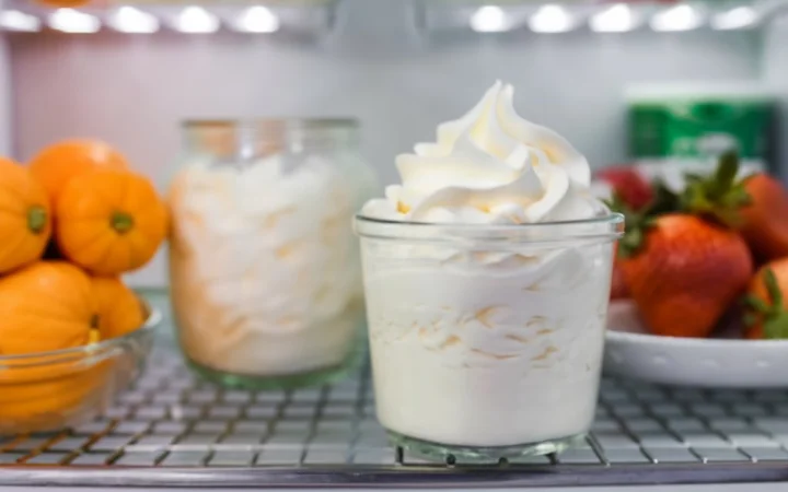 A well-organized fridge with containers of sugar-free whipped cream, and a serving suggestion scene with desserts and beverages.