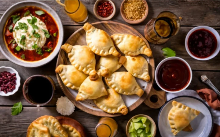 A festive Venezuelan gathering with people enjoying Empanadas Venezolanas, served with various sauces, sides, and beverages.