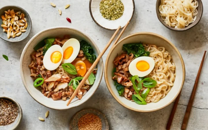 an elegant layout featuring bowls of noodles alongside whole grains like brown rice and millet, with annotations pointing out the health benefits, set in a serene, health-focused environment