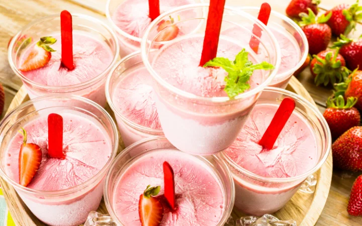 Homemade strawberry popsicles made in plastic cups