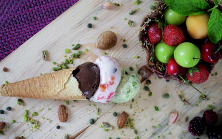 fruits on cutting board with ice cream showcasing healthy and vegan versions 