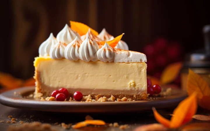 close-up slice of Biscoff cheesecake with creamy filling and crunchy crust, crumbs scattered around