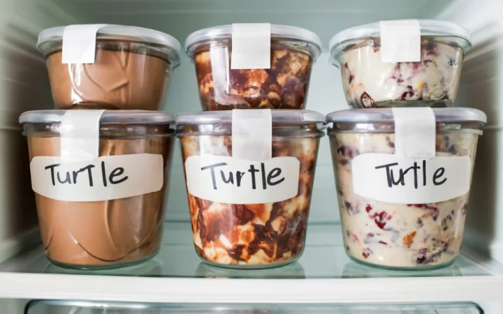 A freezer organized with containers of ice cream, each labeled with dates, and a close-up of one container wrapped with plastic wrap to prevent freezer burn.