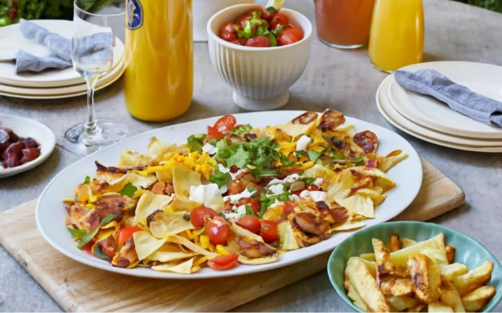 A festive, beautifully arranged table setting featuring a large platter of nacho fries in the center, surrounded by complementary dishes and drinks. Side dishes include a fresh salad, grilled vegetables, and corn on the cob. Drinks like iced tea, lemonade, and cold beer are also present, creating a perfect pairing for the nacho fries.