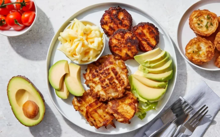  A balanced breakfast scene showing air fryer hash brown patties on a plate with healthy sides like avocado and fruit, emphasizing a nutritious start to the day.