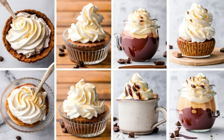 A collage of whipped cream applications, from topping for pies and hot cocoa to being used as a filling for pastries, showcasing its versatility in both sweet and savory dishes.