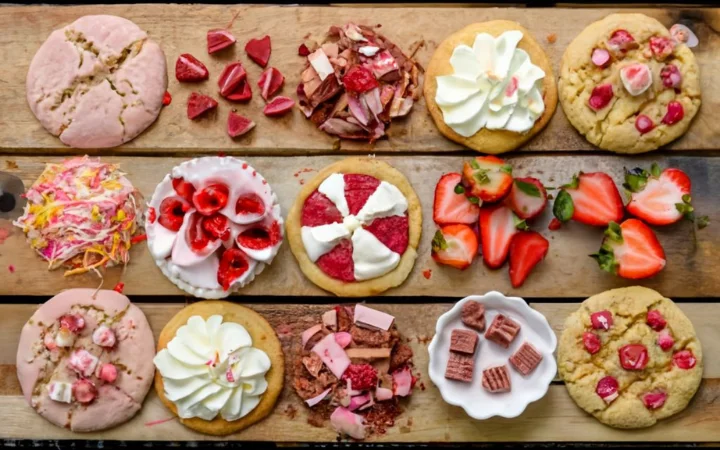 A colorful array of strawberry cheesecake cookies with various fillings and toppings displayed on a rustic wooden table. Some cookies are drizzled with white chocolate, others are sprinkled with crushed graham crackers, and a few have a dusting of edible glitter, showcasing the creative possibilities.