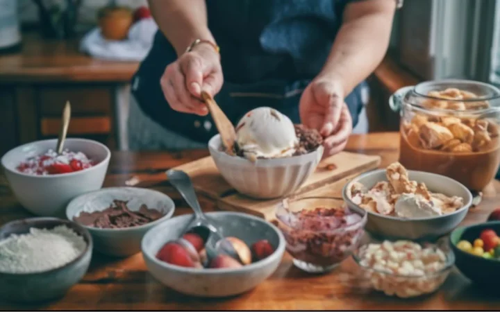 cozy kitchen scene, hands making sundaes, bowls of ice cream flavors, sauces, nuts, fruits, sprinkles, homemade joy