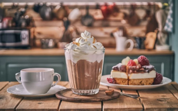 A cozy kitchen scene with a homemade batch of sugar-free whipped cream, accompanied by a variety of desserts and breakfast options.