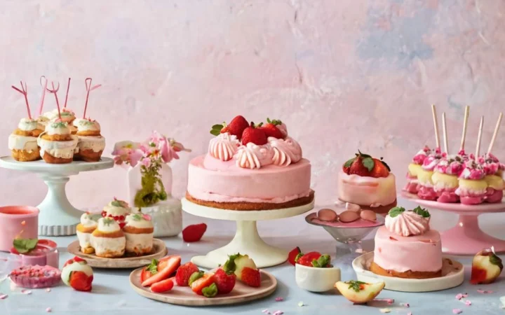 image of a party table with deffrent desserts and cakes with strawberry pink whipped cream toppings on it, surrounded by variety of desserts featuring it