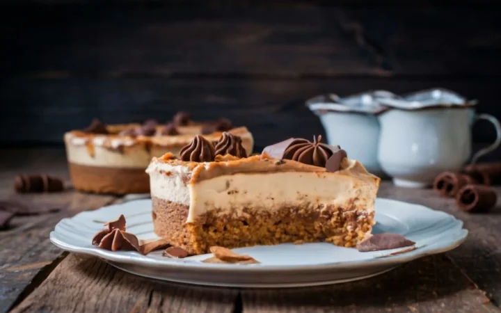 A celebratory image of a Biscoff cheesecake with a slice being served on a plate