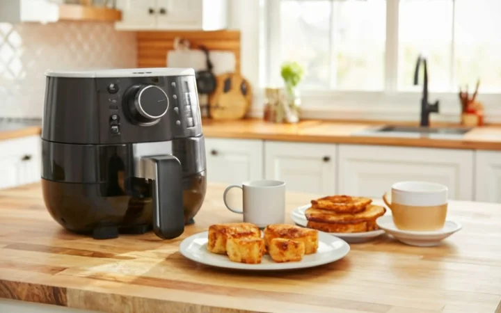 A warm, inviting kitchen scene at sunrise, with a plate of golden air fryer hash brown patties on the table, a cup of coffee beside it, and an open air fryer in the background, symbolizing the beginning of a new day filled with delicious possibilities.