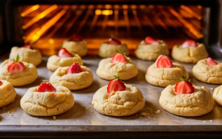 A celebratory image of a baker pulling a tray of perfectly baked strawberry cheesecake cookies out of the oven, with a look of satisfaction and joy. The kitchen is filled with the warm glow of the oven light, and the scene conveys a sense of accomplishment and the joy of baking.