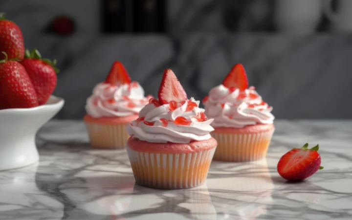 Homemade pink sweet cupcakes strawberries