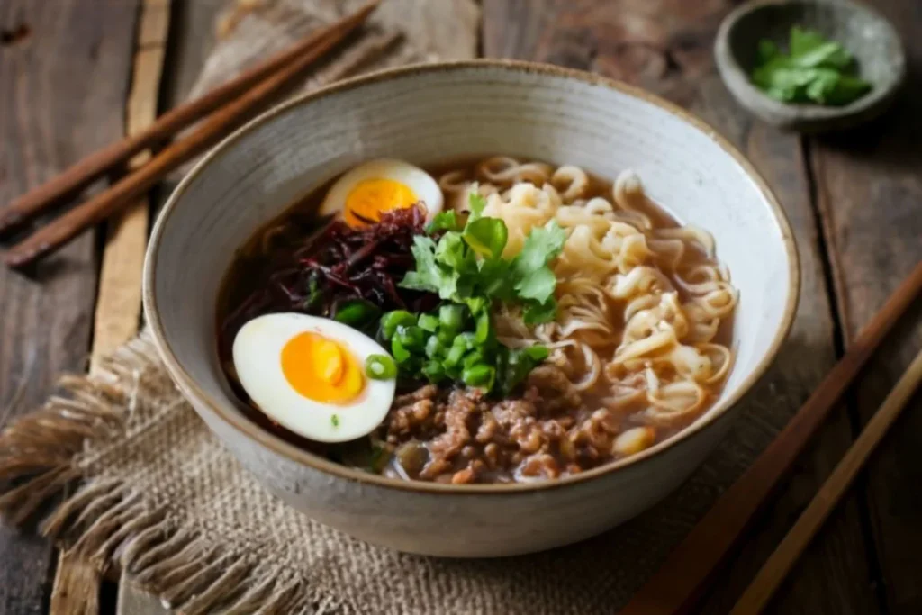 an image of a steaming bowl of gluten-free ramen made from alternative grains, sitting on a rustic table with a soft focus background highlighting the ingredients like brown rice and millet