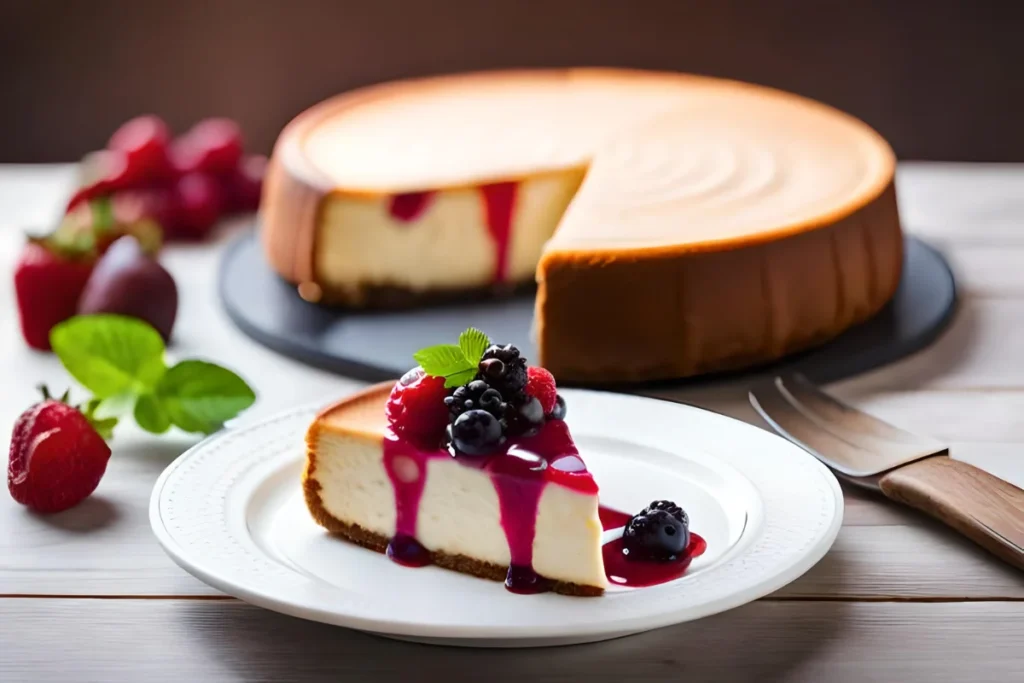 A cheesecake with raspberries and blueberries on a plate.