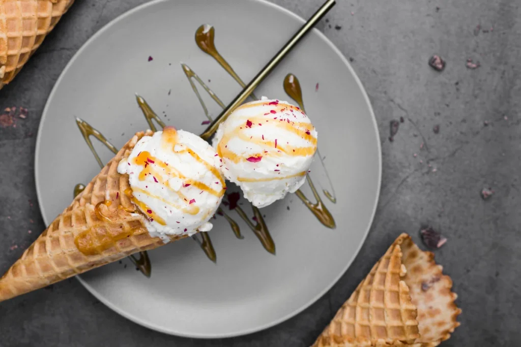 Ice cream on plate with topping