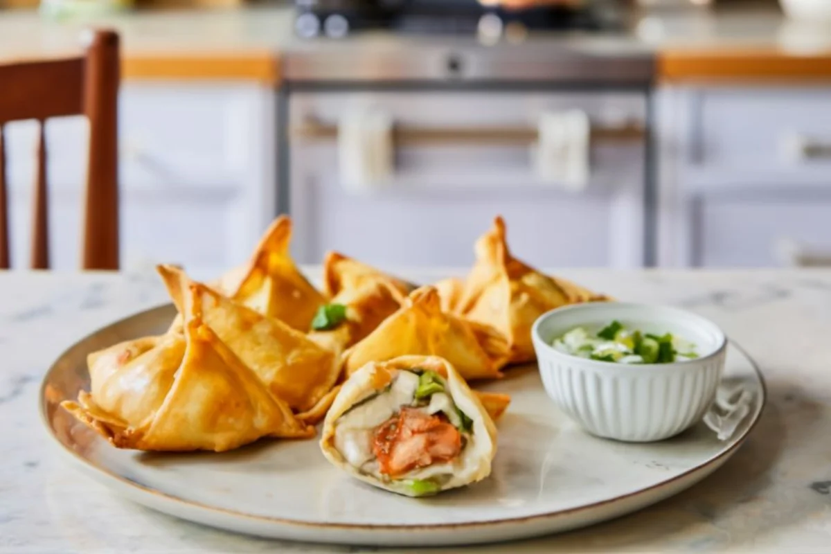 cozy kitchen with Baked Crab Rangoon on a plate, surrounded by fresh ingredients, warm lighting